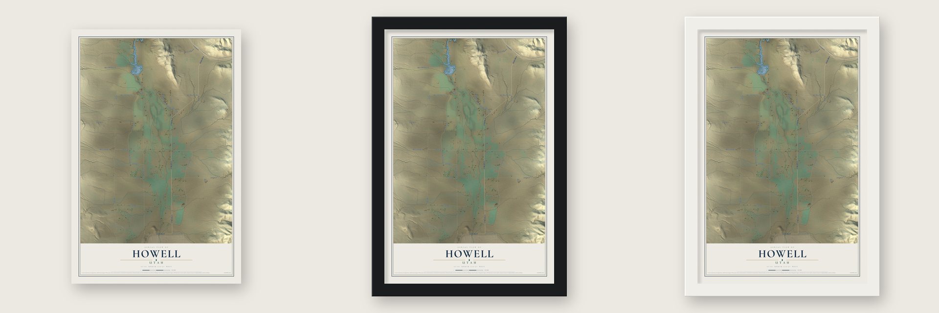 Howell, Utah map unframed, in a black wood frame and in a white wood frame