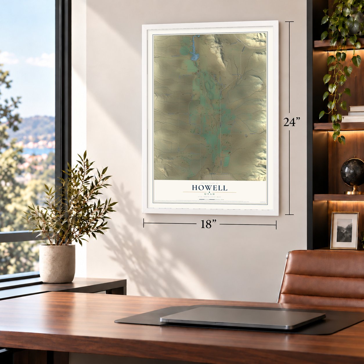 Howell, Utah map, 18 x 24 inch print in a white frame in a home office