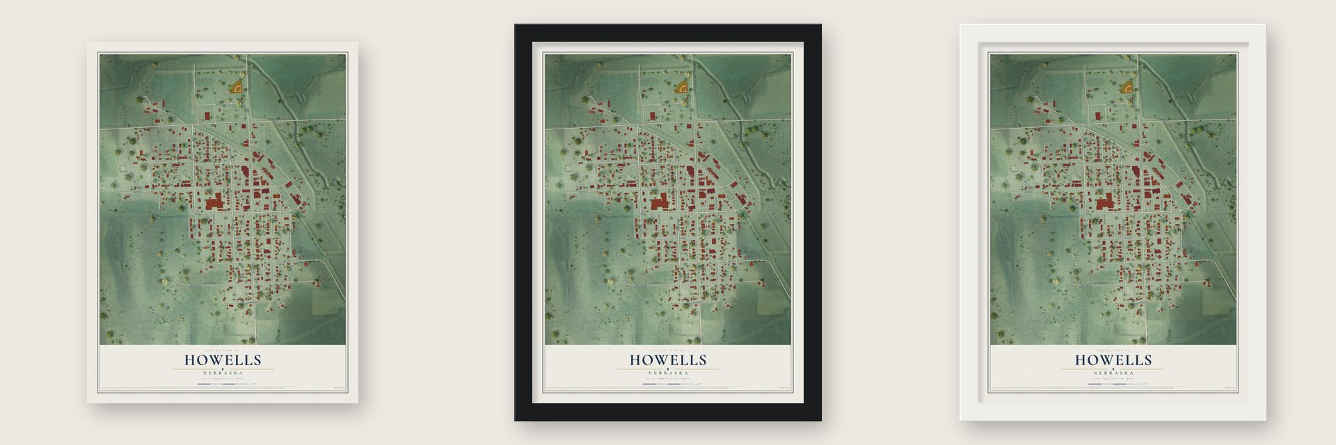 Howells, Nebraska map unframed, in a black wood frame and in a white wood frame
