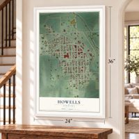 Howells, Nebraska map, 24 x 36 inch print in a white frame by a staircase