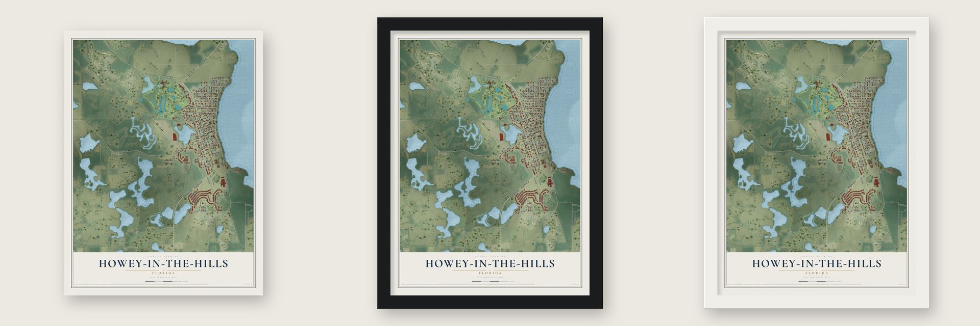 Howey-in-the-Hills, Florida map unframed, in a black wood frame and in a white wood frame