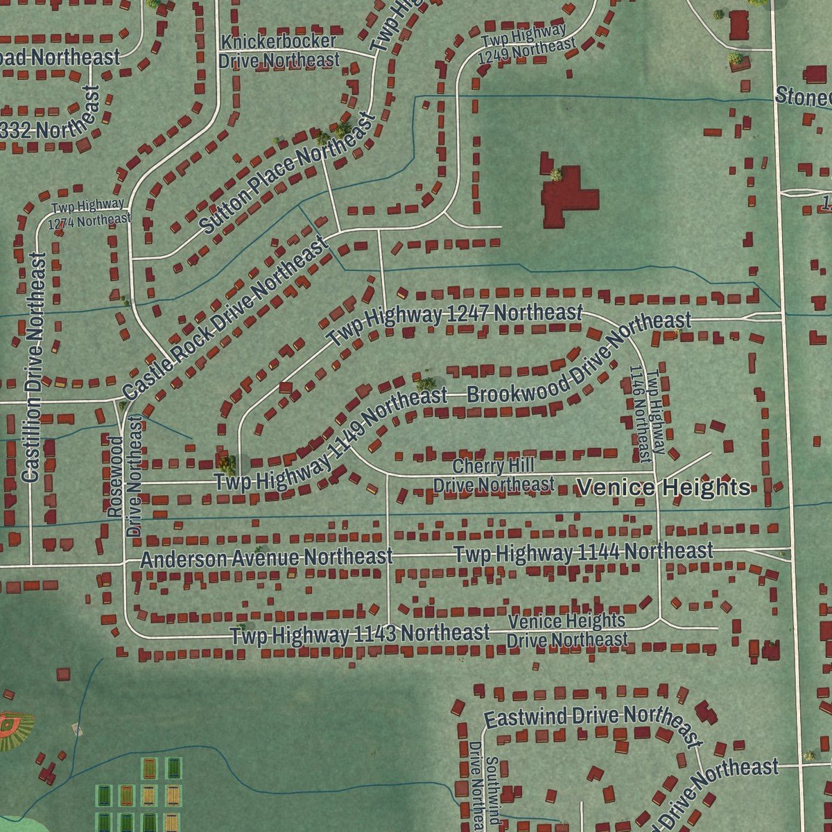 Second close-up of the map of Howland Center, Ohio print showing more streets and buildings