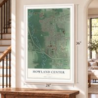 Howland Center, Ohio map, 24 x 36 inch print in a white frame by a staircase