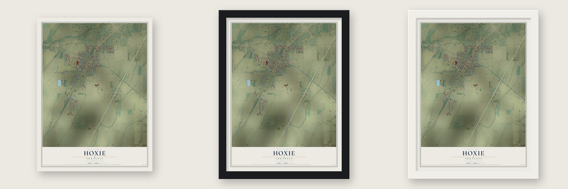 Hoxie, Arkansas map unframed, in a black wood frame and in a white wood frame