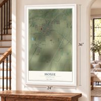Hoxie, Arkansas map, 24 x 36 inch print in a white frame by a staircase