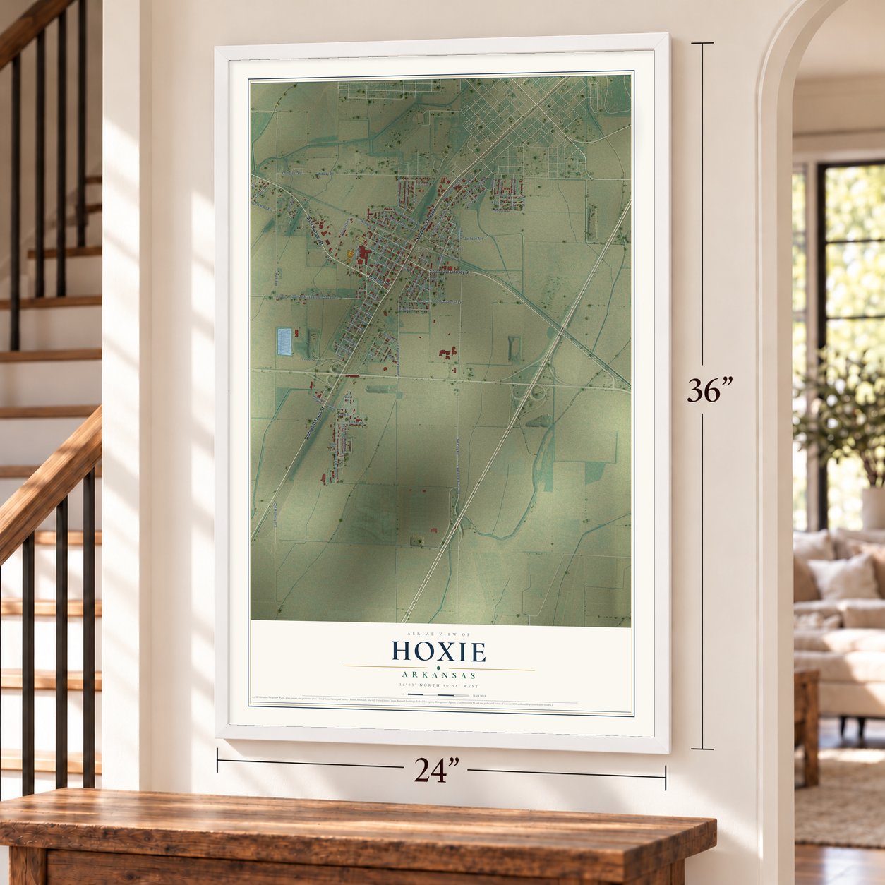 Hoxie, Arkansas map, 24 x 36 inch print in a white frame by a staircase
