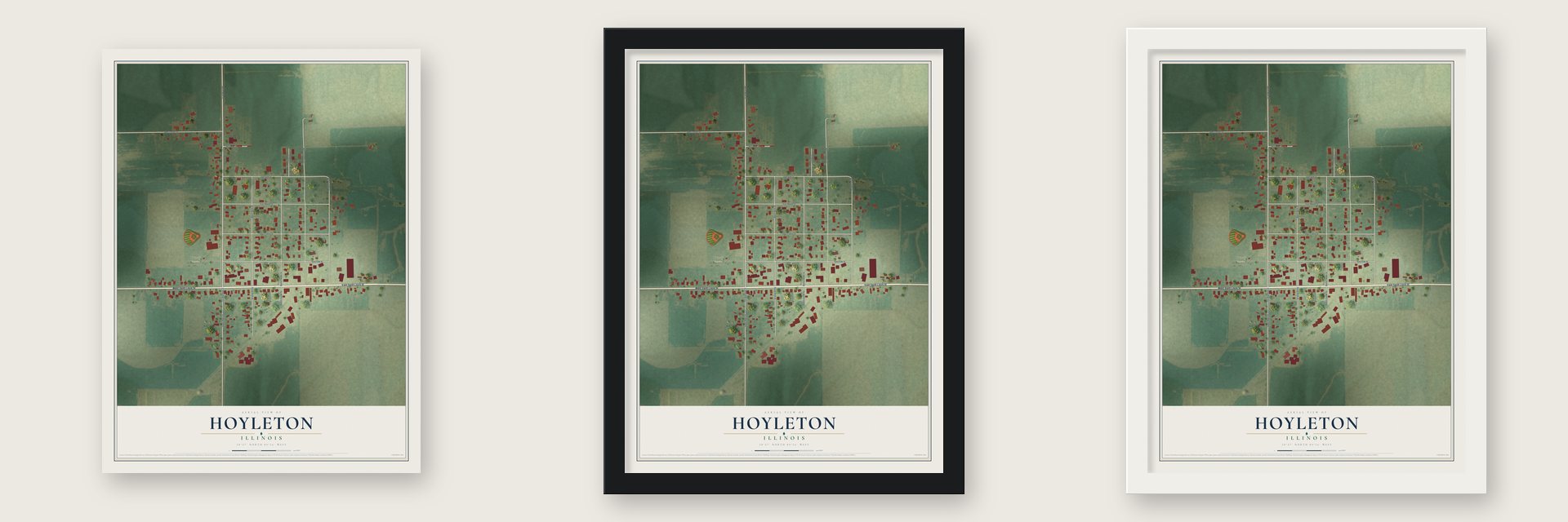 Hoyleton, Illinois map unframed, in a black wood frame and in a white wood frame