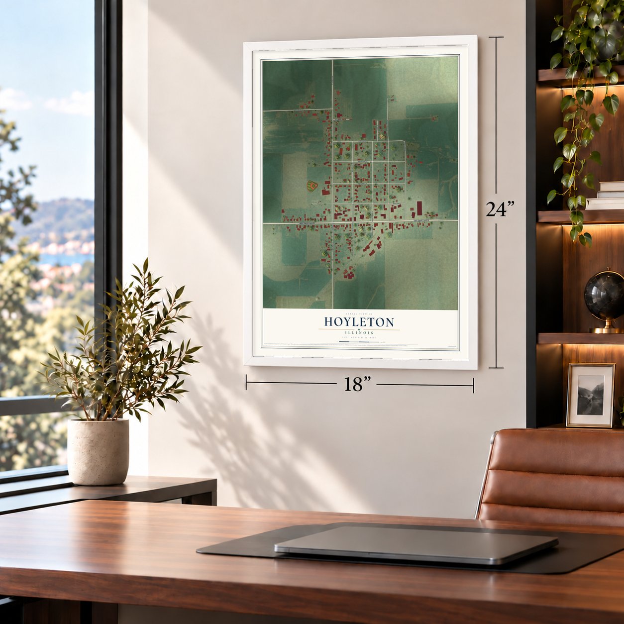 Hoyleton, Illinois map, 18 x 24 inch print in a white frame in a home office