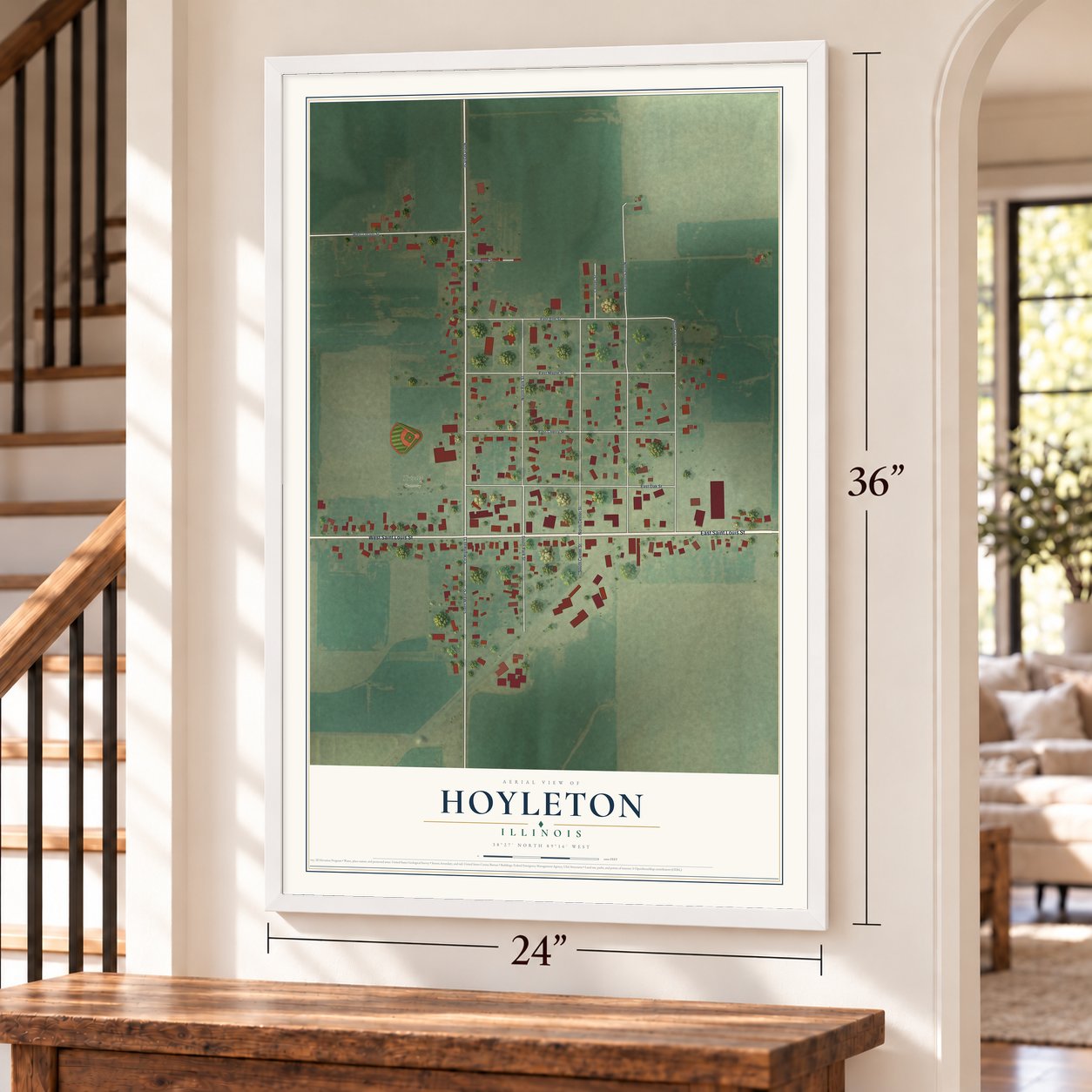 Hoyleton, Illinois map, 24 x 36 inch print in a white frame by a staircase