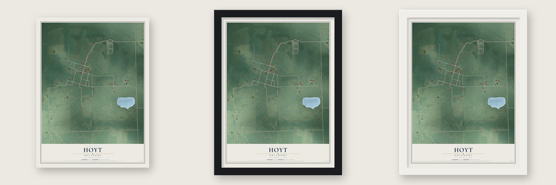 Hoyt, Oklahoma map unframed, in a black wood frame and in a white wood frame