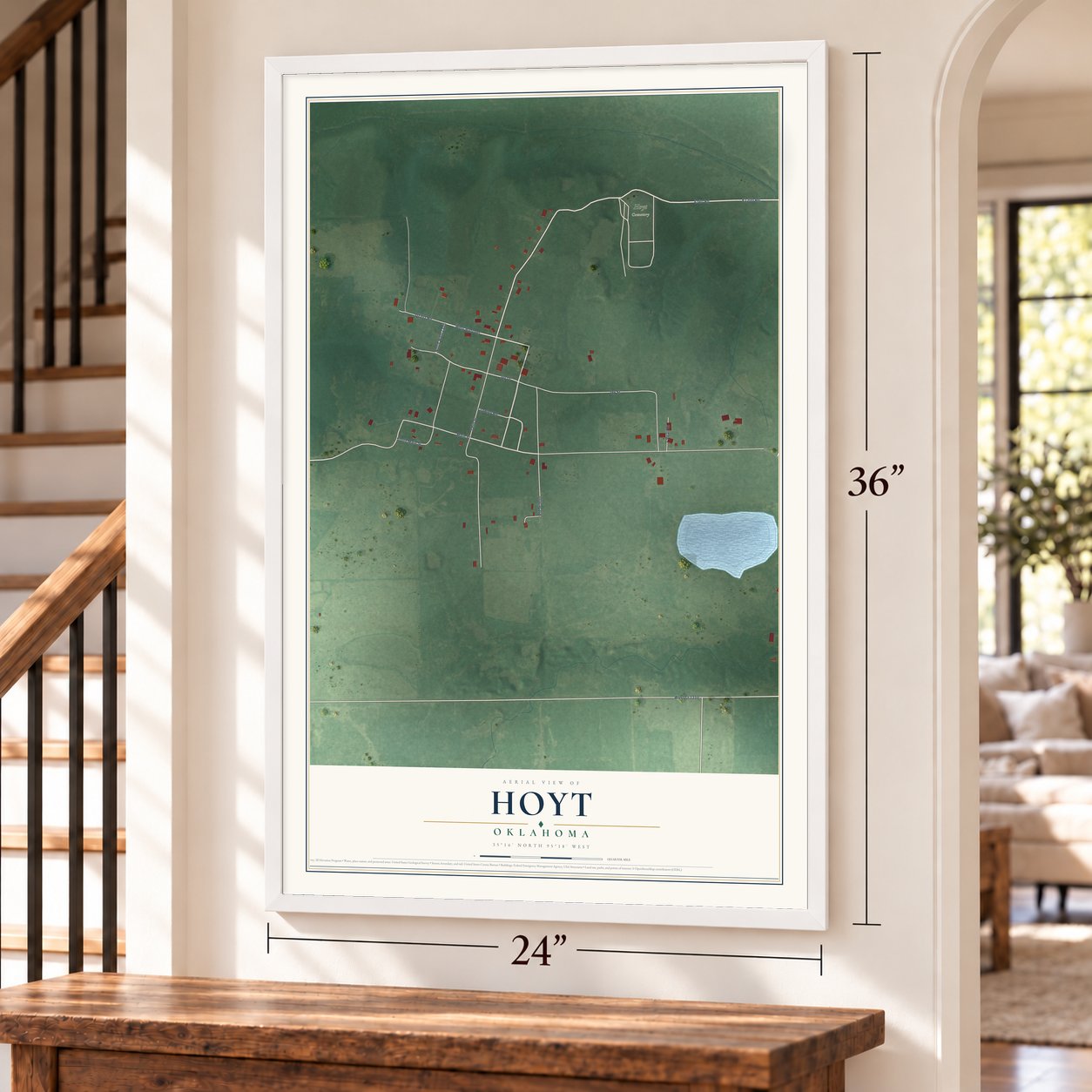 Hoyt, Oklahoma map, 24 x 36 inch print in a white frame by a staircase