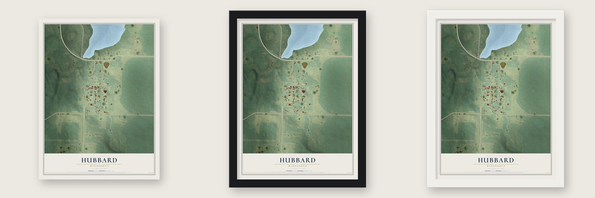 Hubbard, Minnesota map unframed, in a black wood frame and in a white wood frame