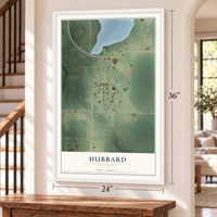 Hubbard, Minnesota map, 24 x 36 inch print in a white frame by a staircase