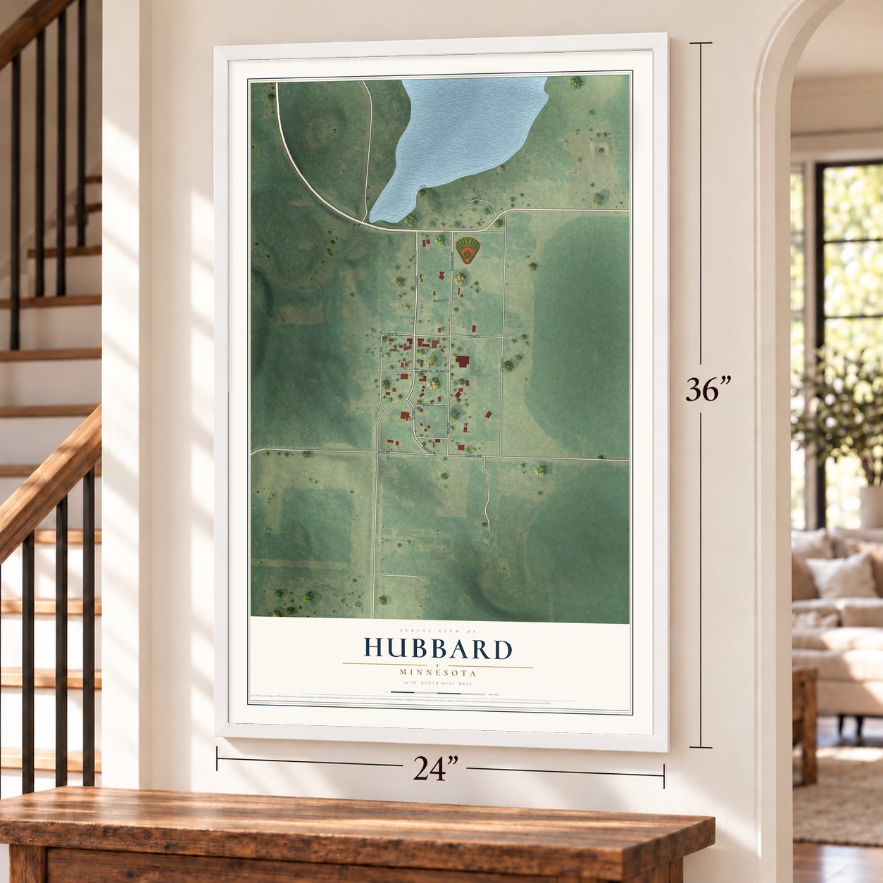 Hubbard, Minnesota map, 24 x 36 inch print in a white frame by a staircase