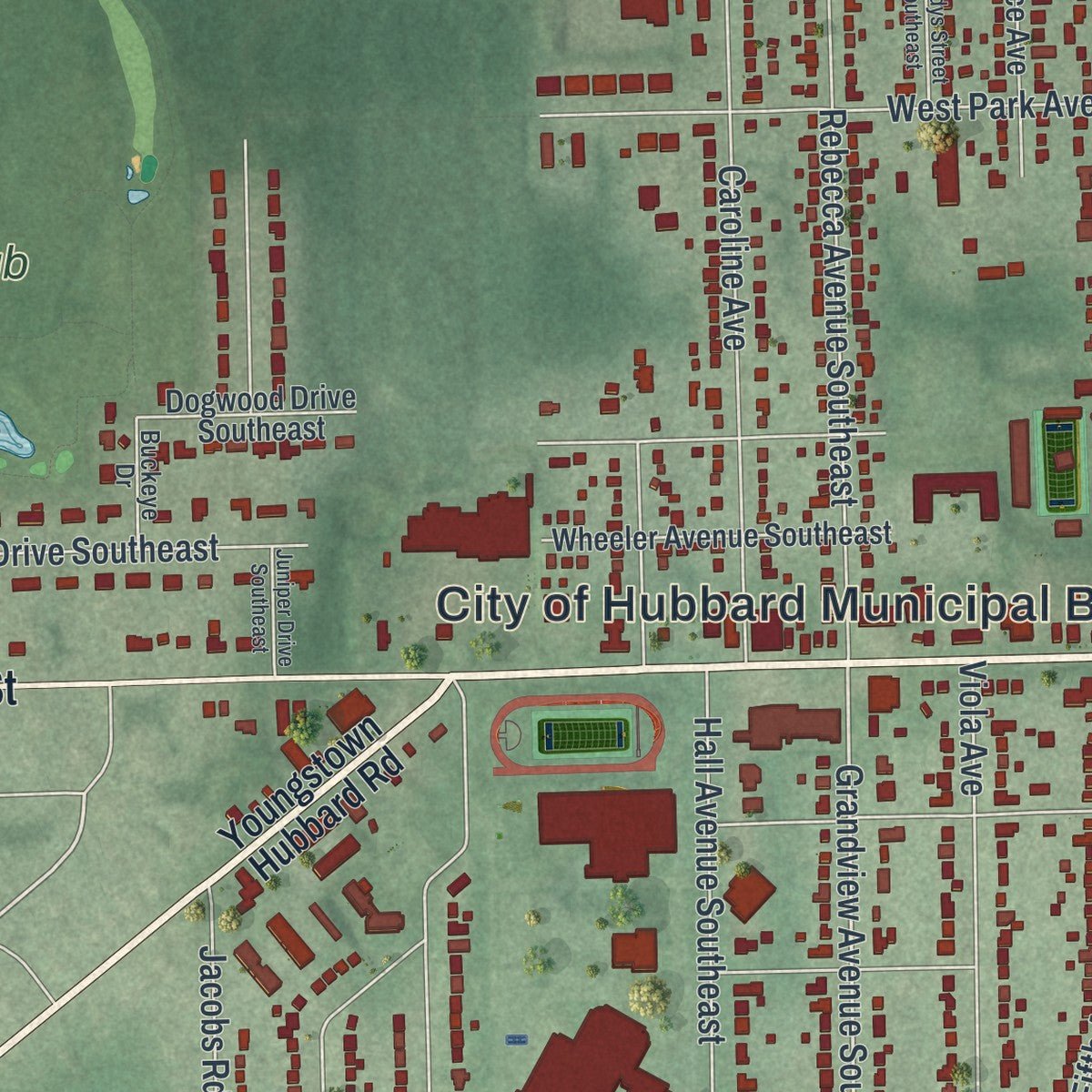 Second close-up of the map of Hubbard, Ohio print showing more streets and buildings