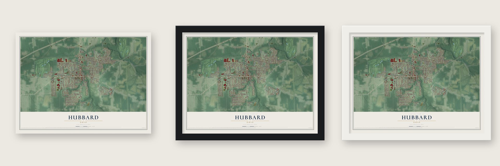 Hubbard, Ohio map unframed, in a black wood frame and in a white wood frame