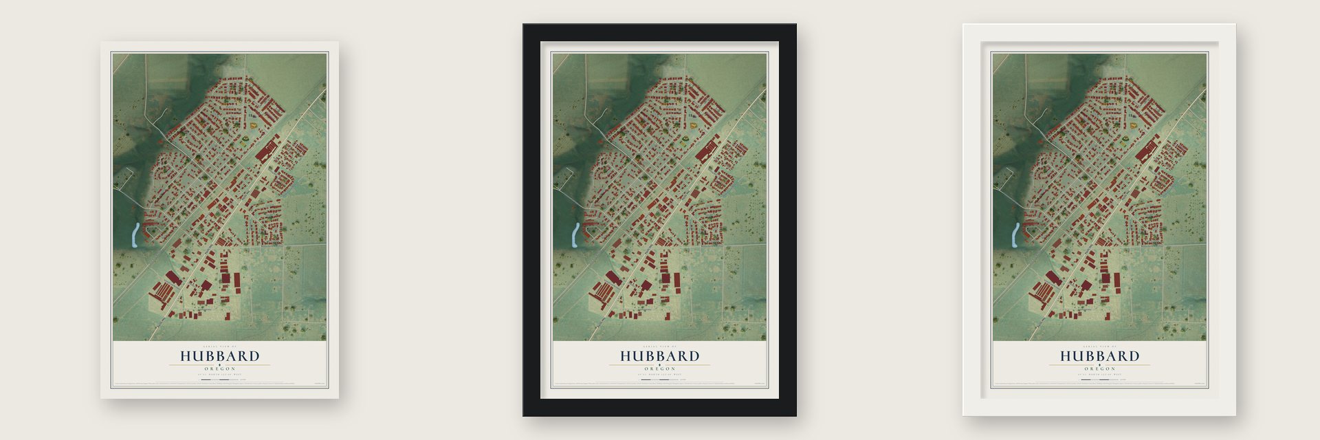 Hubbard, Oregon map unframed, in a black wood frame and in a white wood frame