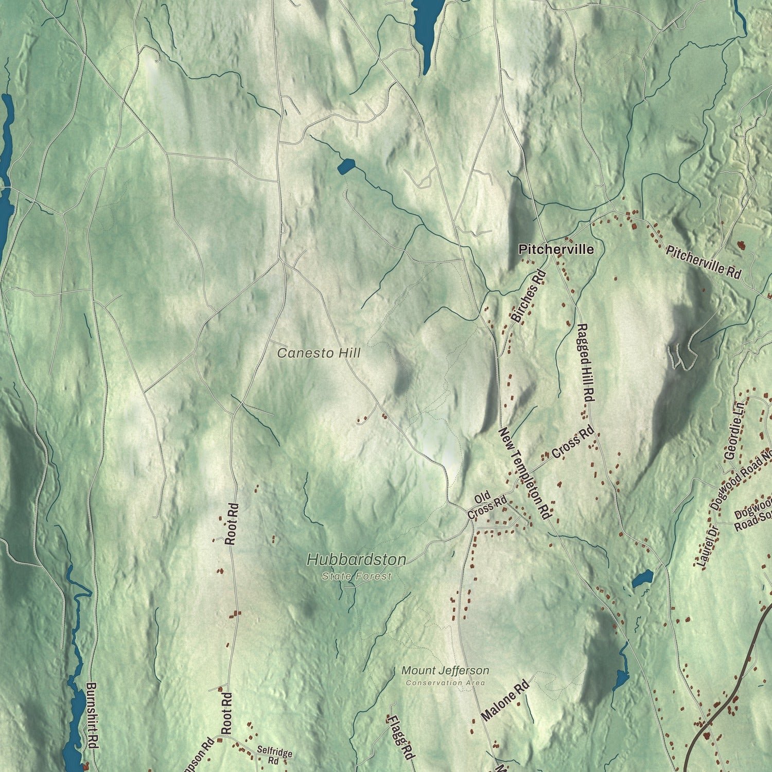 Close-up of the map of Hubbardston, Massachusetts print showing terrain and local geography