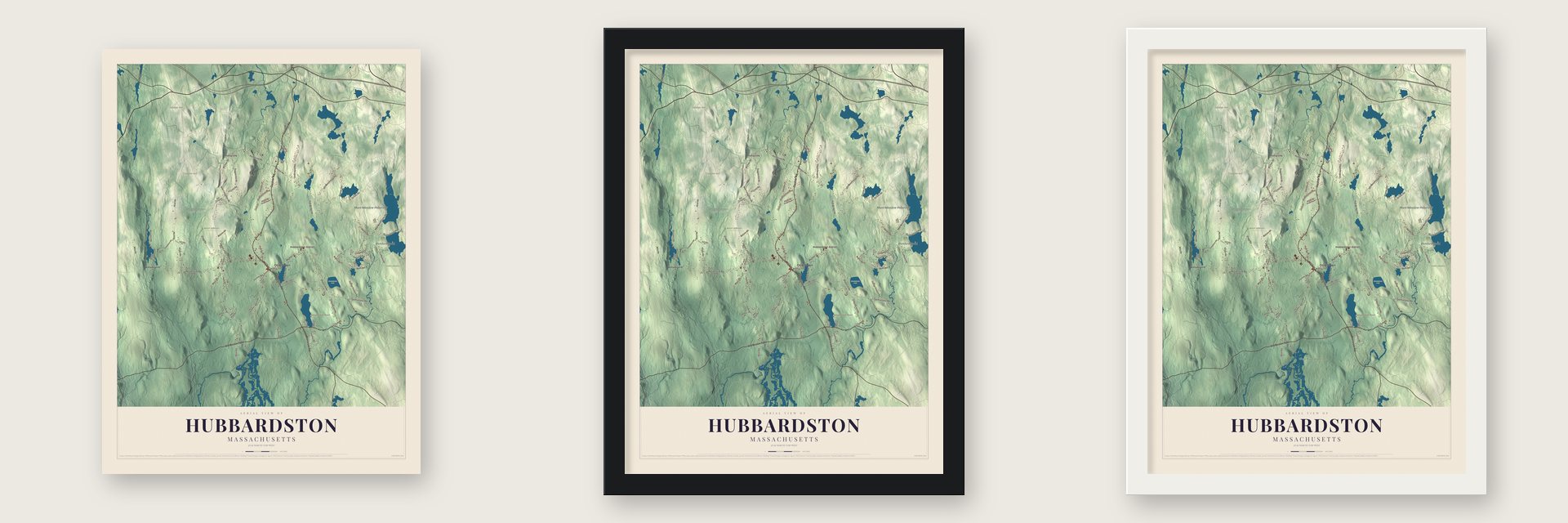 Hubbardston, Massachusetts map unframed, in a black wood frame and in a white wood frame