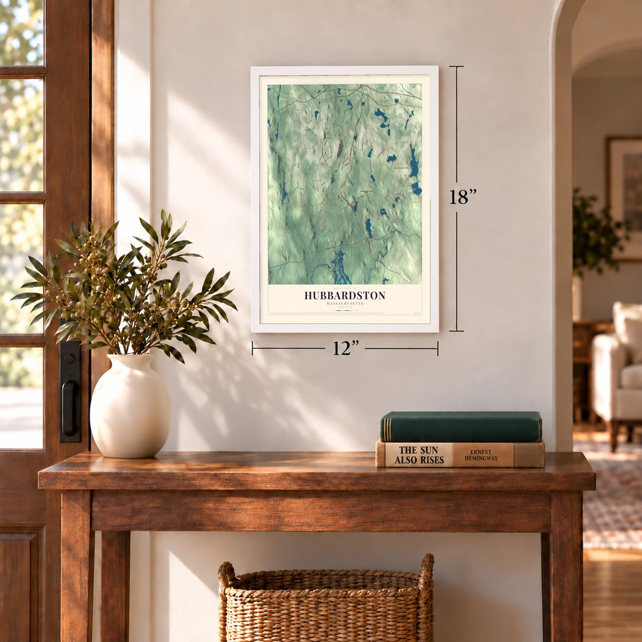 Hubbardston, Massachusetts map, 12 x 18 inch print in a white frame in an entryway