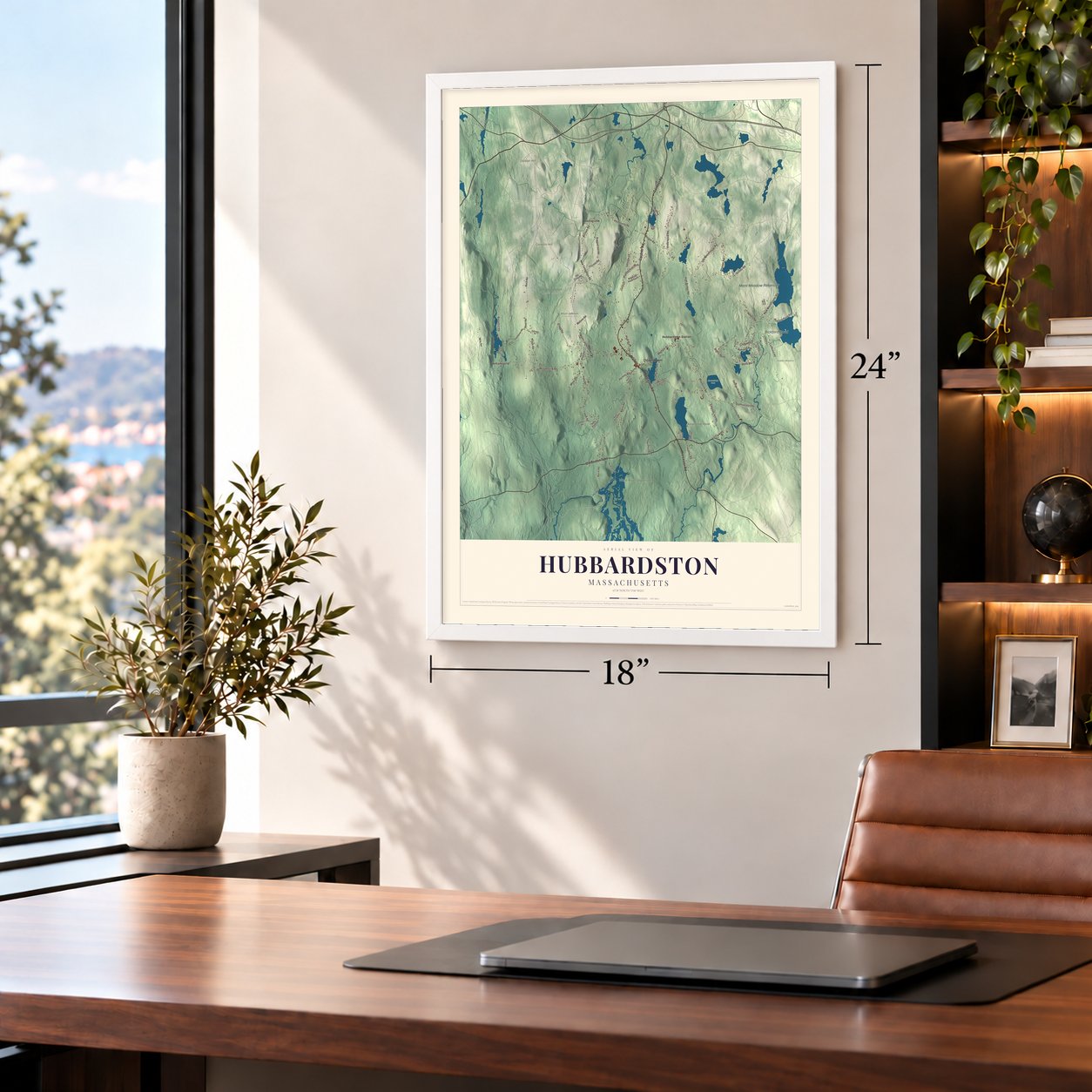 Hubbardston, Massachusetts map, 18 x 24 inch print in a white frame in a home office