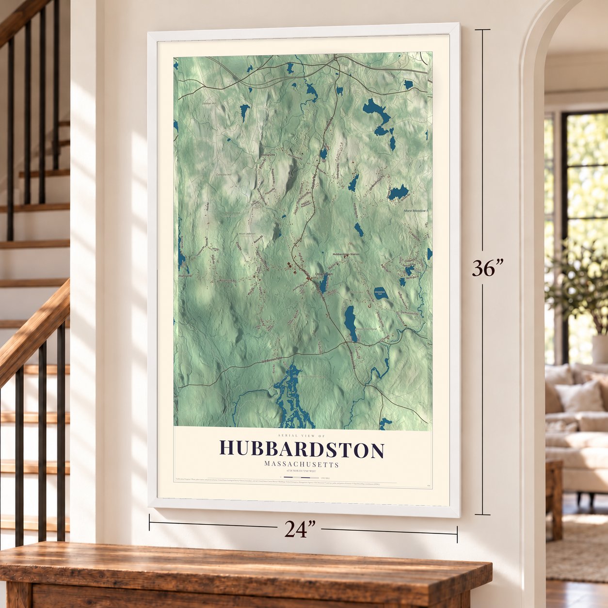 Hubbardston, Massachusetts map, 24 x 36 inch print in a white frame by a staircase