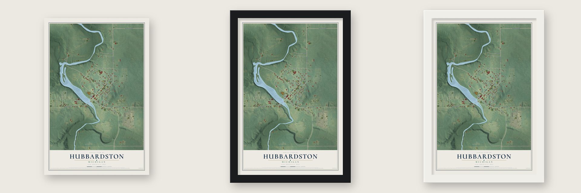 Hubbardston, Michigan map unframed, in a black wood frame and in a white wood frame