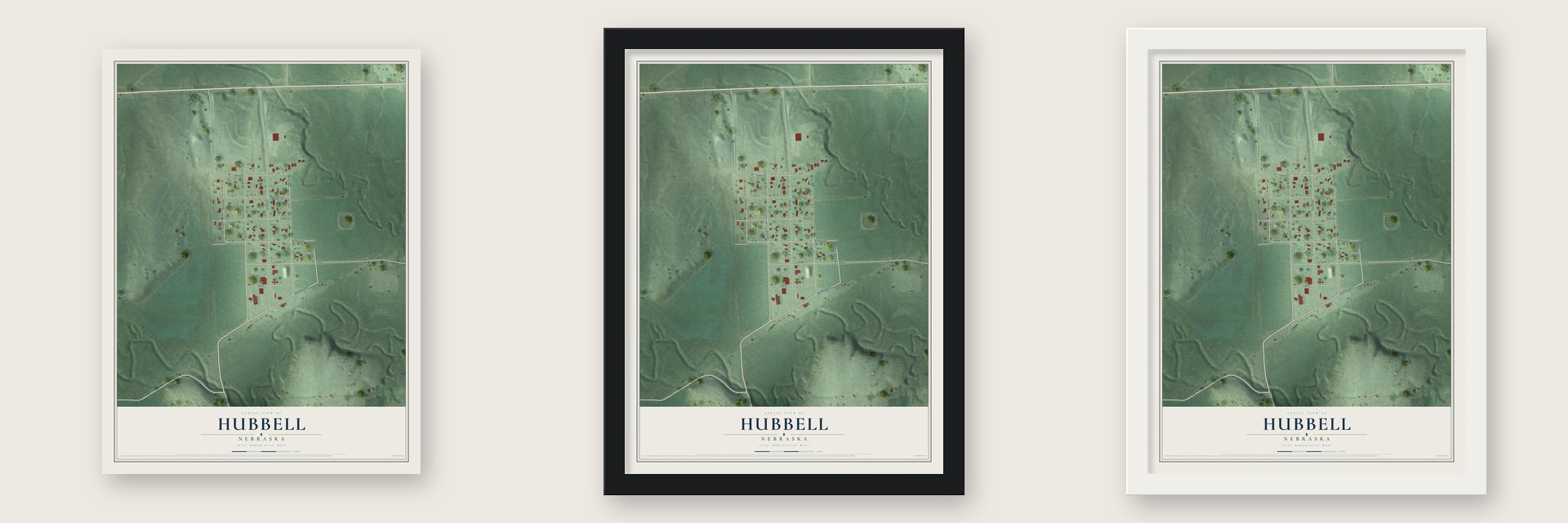 Hubbell, Nebraska map unframed, in a black wood frame and in a white wood frame