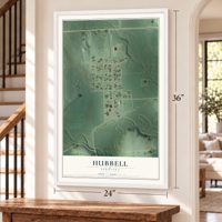 Hubbell, Nebraska map, 24 x 36 inch print in a white frame by a staircase