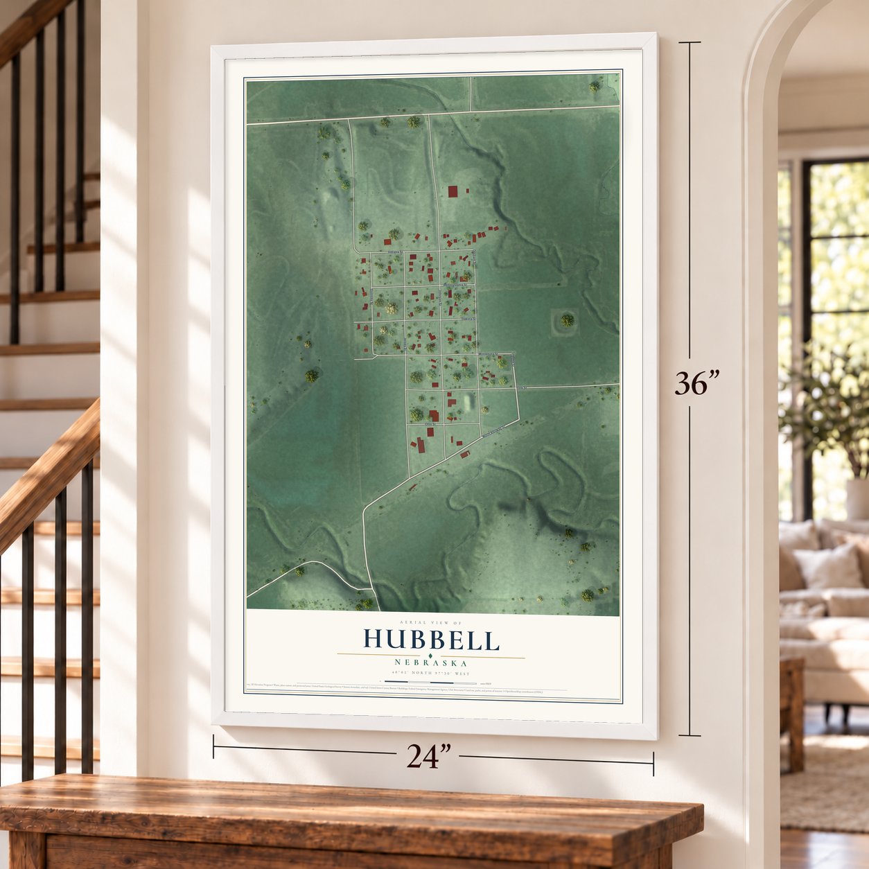 Hubbell, Nebraska map, 24 x 36 inch print in a white frame by a staircase