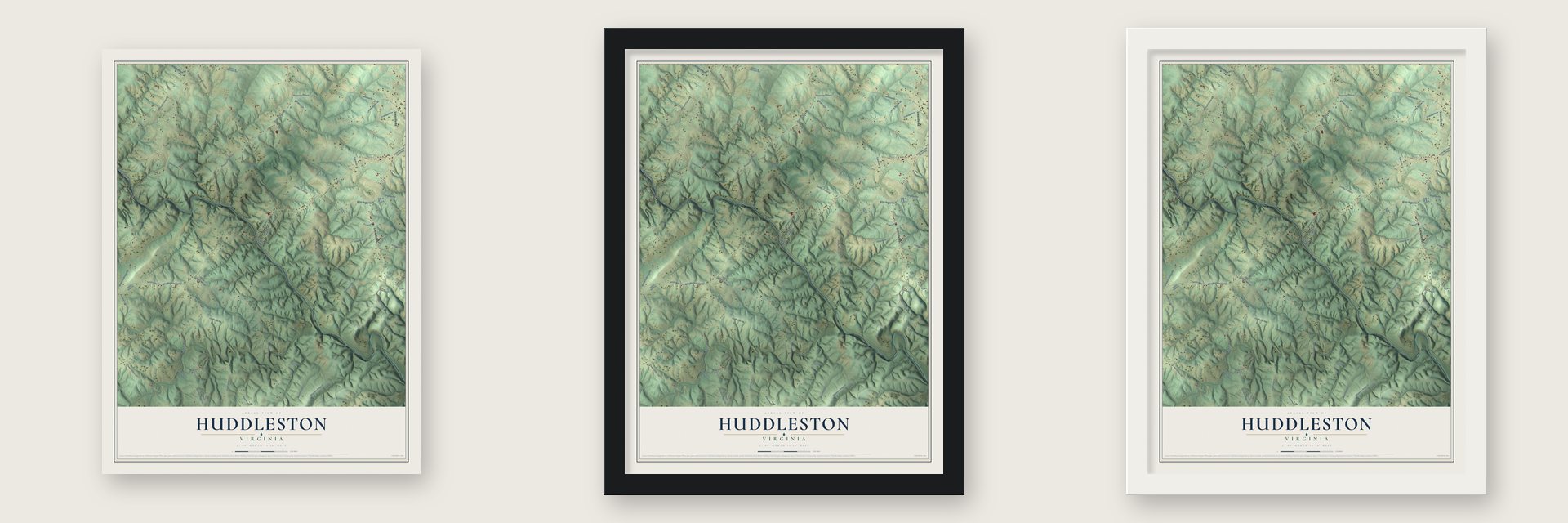 Huddleston, Virginia map unframed, in a black wood frame and in a white wood frame