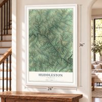 Huddleston, Virginia map, 24 x 36 inch print in a white frame by a staircase
