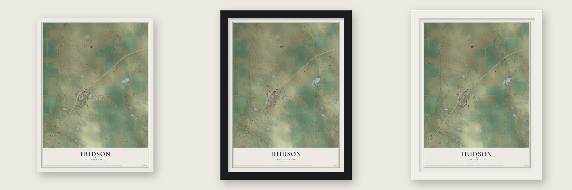 Hudson, Colorado map unframed, in a black wood frame and in a white wood frame