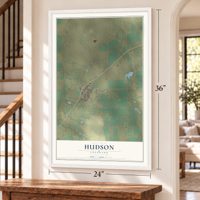 Hudson, Colorado map, 24 x 36 inch print in a white frame by a staircase