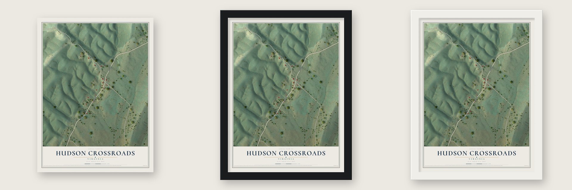Hudson Crossroads, Virginia map unframed, in a black wood frame and in a white wood frame