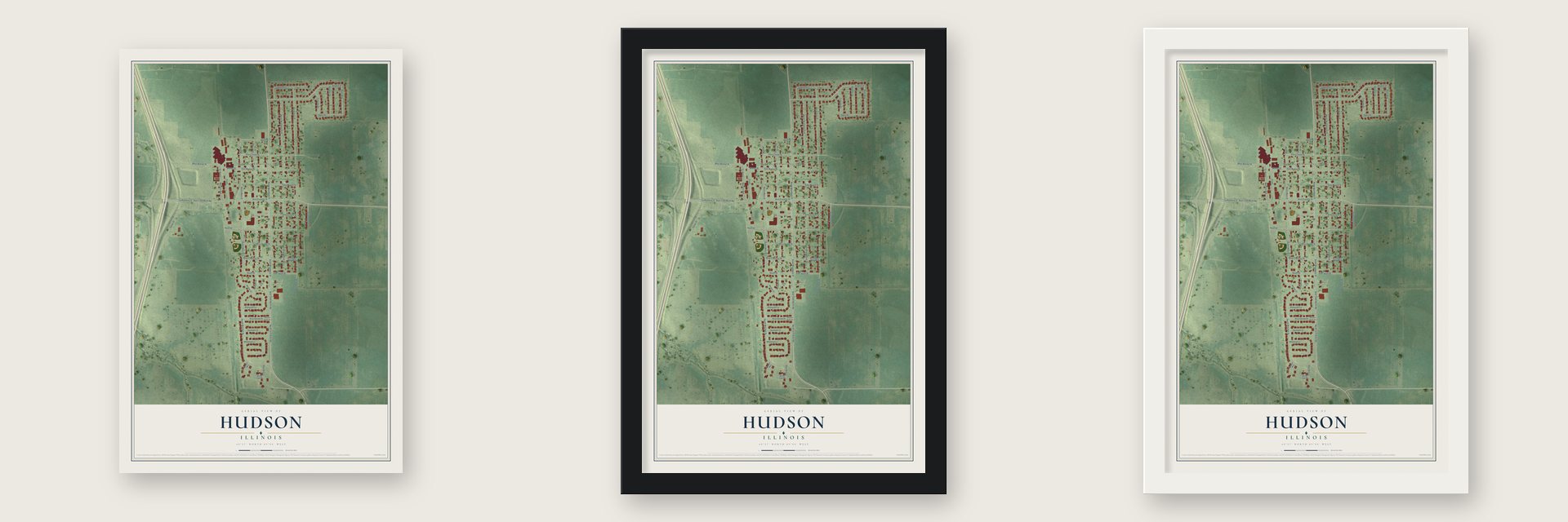 Hudson, Illinois map unframed, in a black wood frame and in a white wood frame