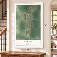 Hudson, Illinois map, 24 x 36 inch print in a white frame by a staircase