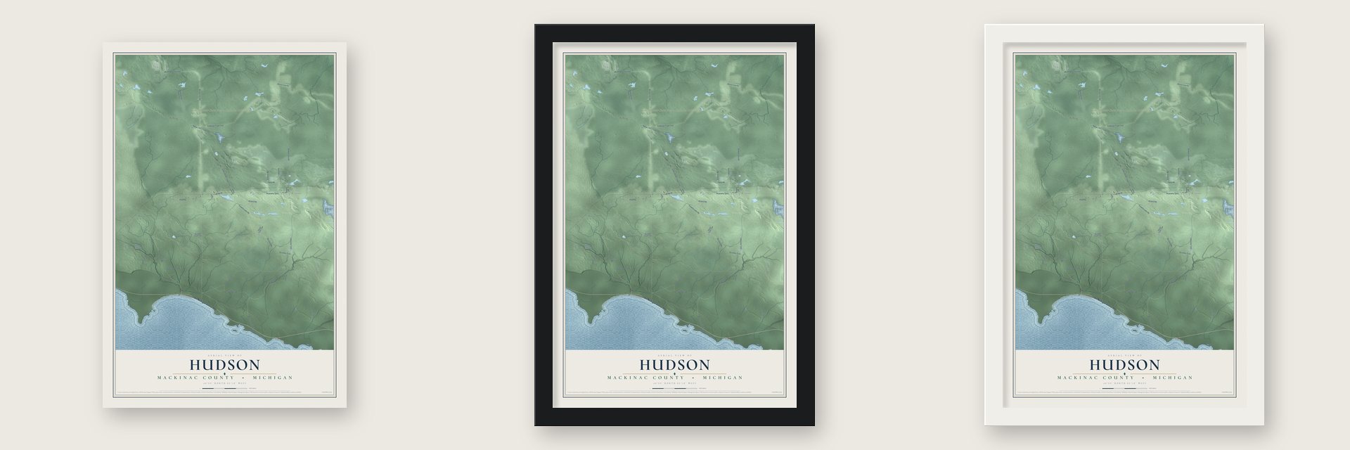 Hudson, Mackinac County, Michigan map unframed, in a black wood frame and in a white wood frame