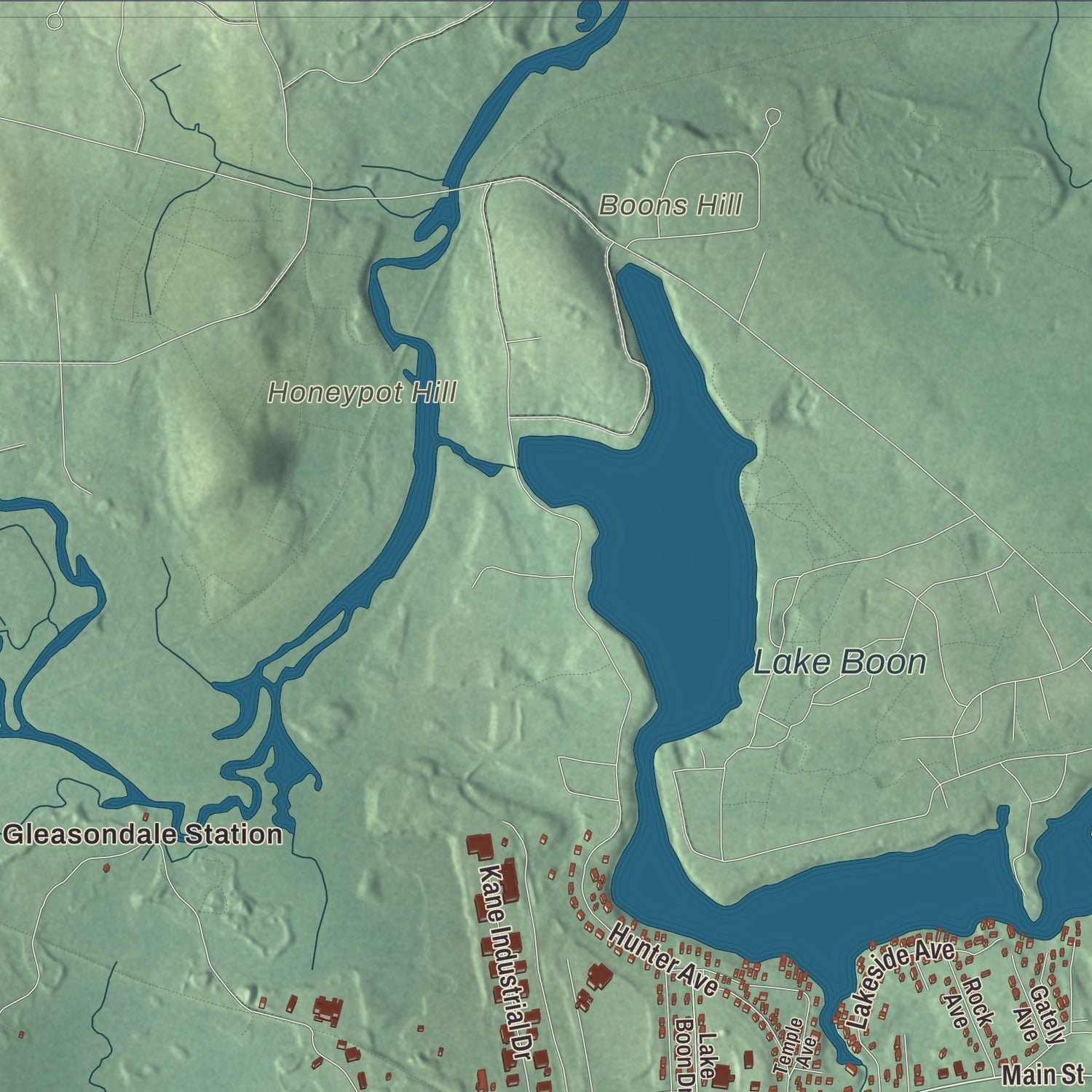Close-up of the map of Hudson, Massachusetts print showing terrain and local geography