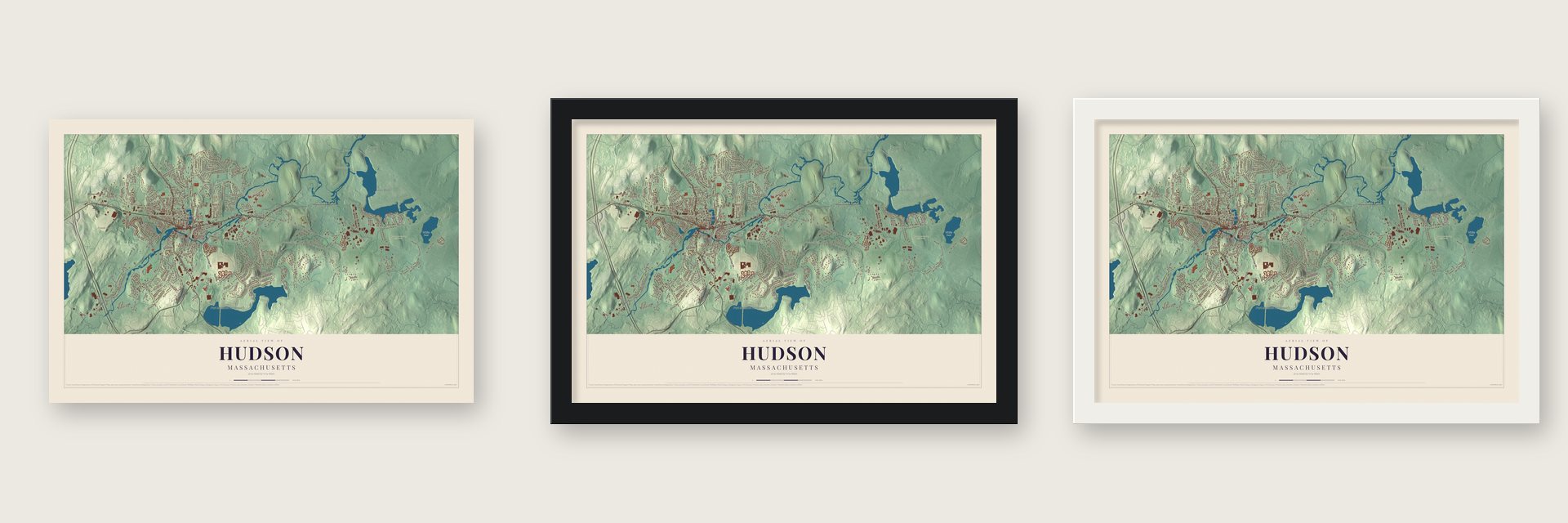 Hudson, Massachusetts map unframed, in a black wood frame and in a white wood frame