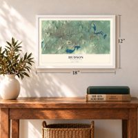 Hudson, Massachusetts map, 12 x 18 inch print in a white frame in an entryway