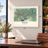 Hudson, Massachusetts map, 18 x 24 inch print in a white frame in a home office