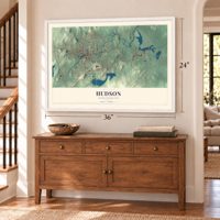 Hudson, Massachusetts map, 24 x 36 inch print in a white frame above a dresser by a staircase