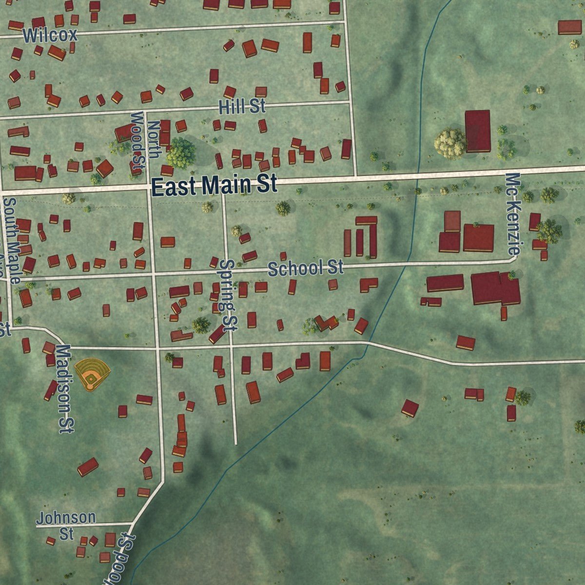 Second close-up of the map of Hudson, Michigan print showing more streets and buildings