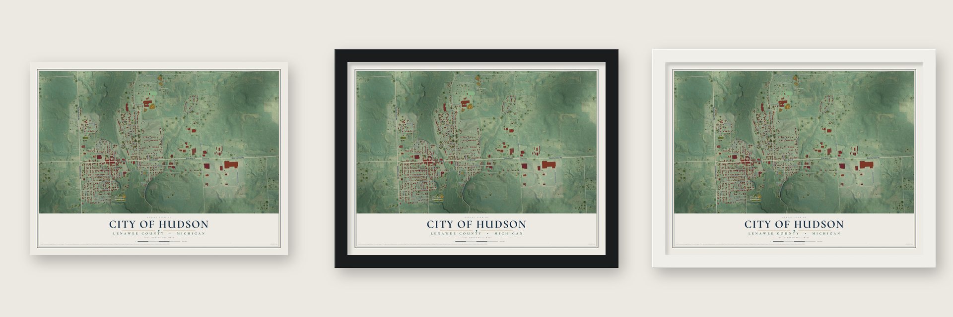 Hudson, Michigan map unframed, in a black wood frame and in a white wood frame