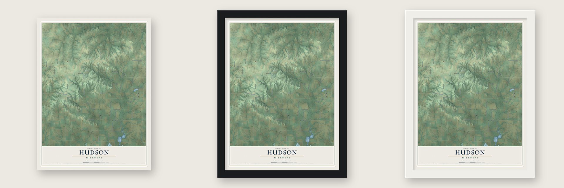 Hudson, Missouri map unframed, in a black wood frame and in a white wood frame