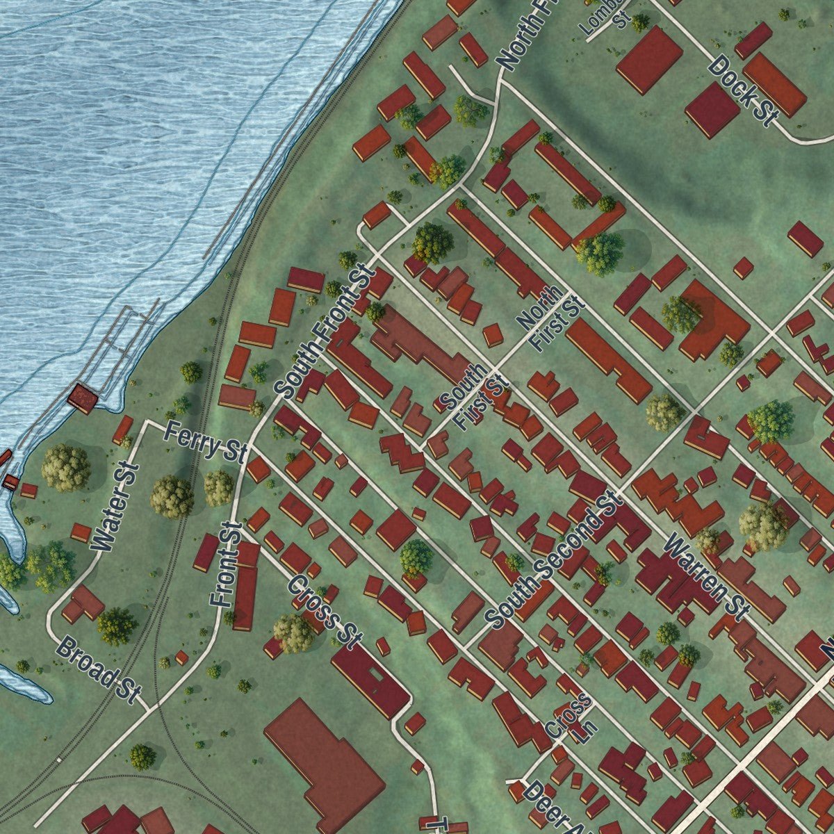 Second close-up of the map of Hudson, New York print showing more streets and buildings