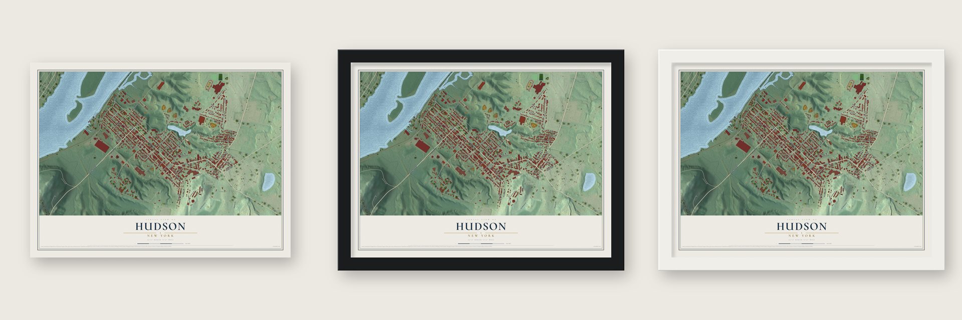 Hudson, New York map unframed, in a black wood frame and in a white wood frame