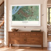 Hudson, New York map, 24 x 36 inch print in a white frame above a dresser by a staircase