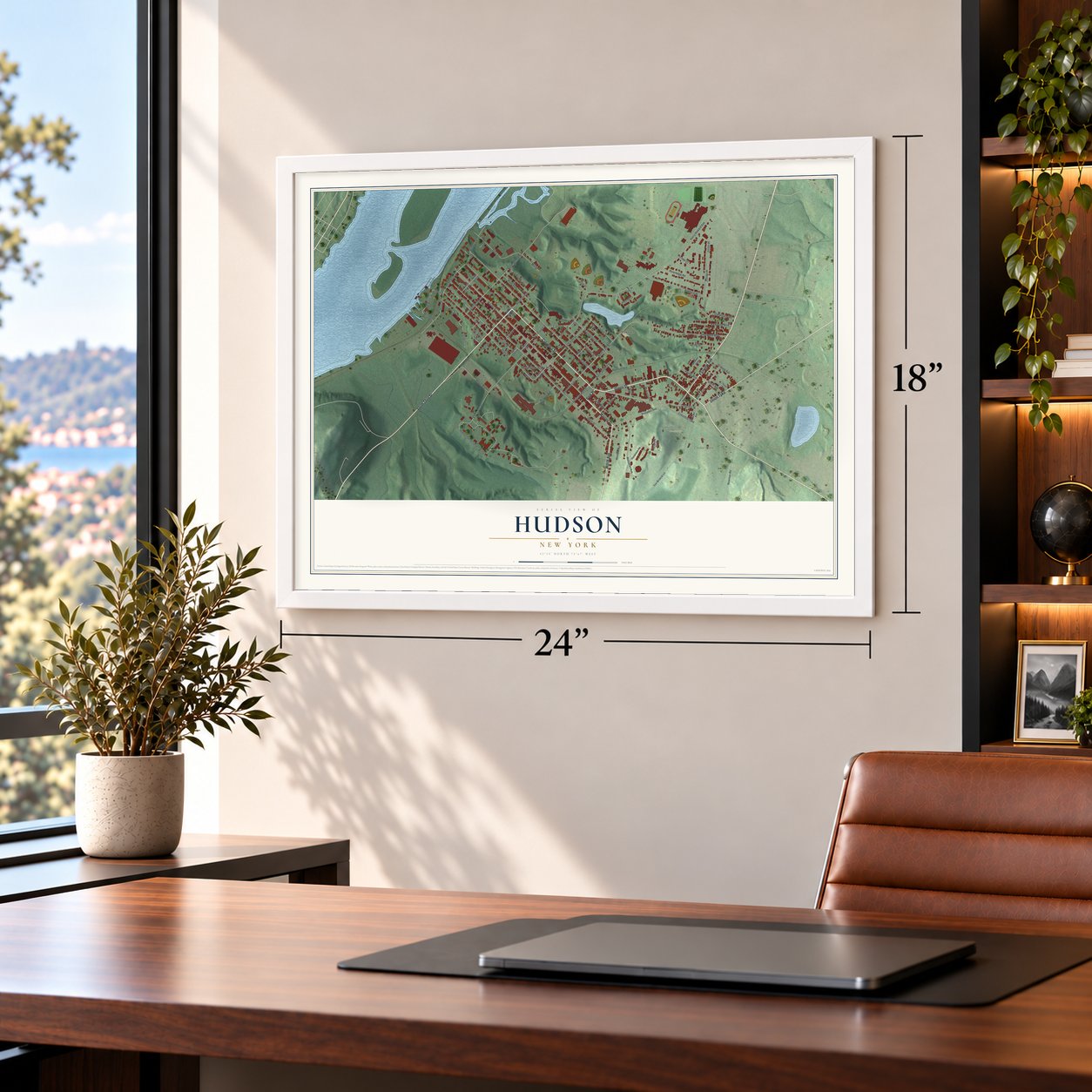 Hudson, New York map, 18 x 24 inch print in a white frame in a home office